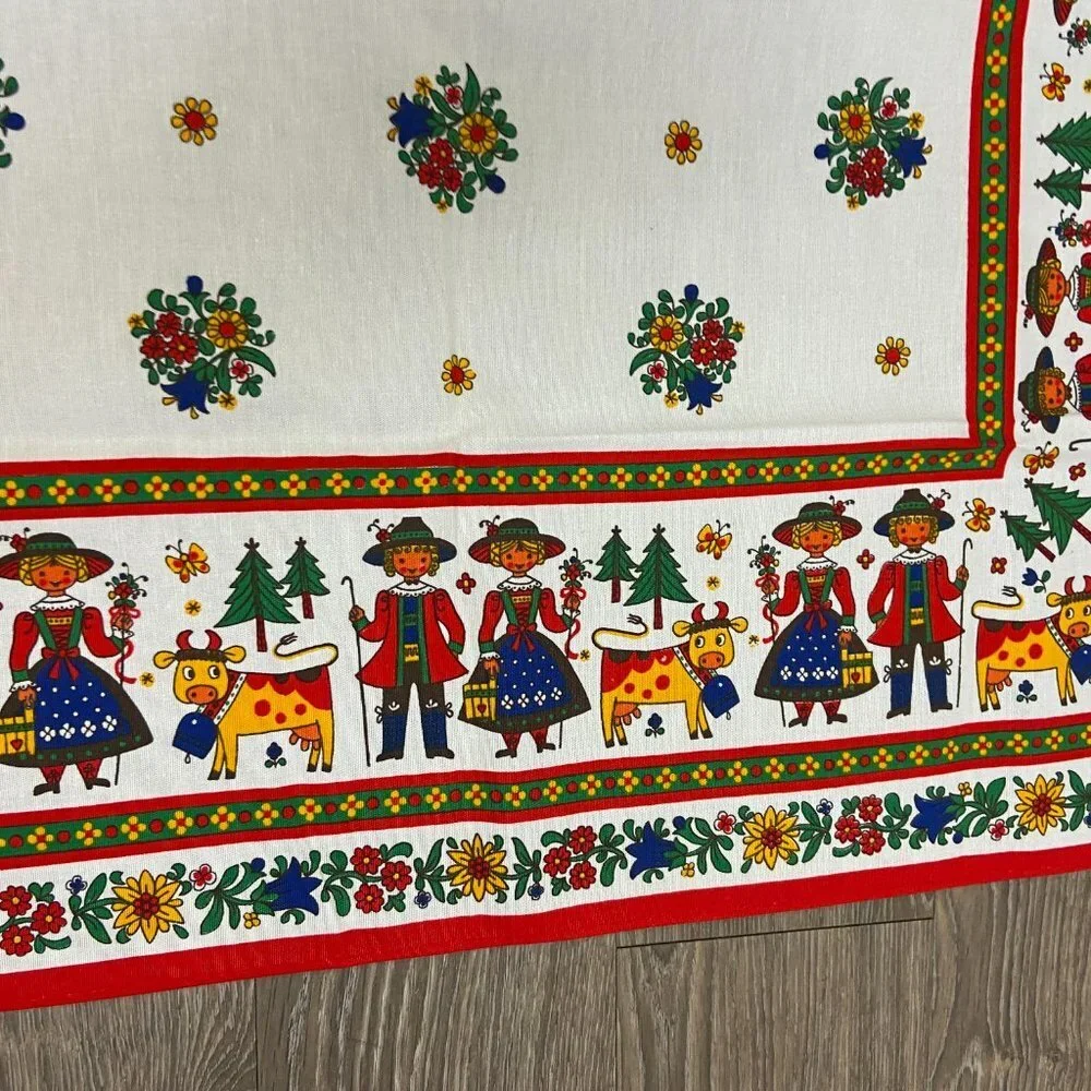 NWOT Vintage Tablecloth Austrian German Folk Art Green Red Square Bright Festive